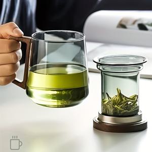 TEMU 1개 유리컵 나무손잡이, 고보로실리케이트 투명 물분리 차잔 음료컵, 400ml/13.5oz