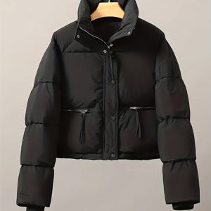 TEMU 가을 겨울 여성용 솔리드 컬러 두꺼운 보온 자켓, 스탠드 칼라 숏 스타일, 실용적인 지퍼 포켓, 패셔너블하고 키 높이 자켓, 출퇴근, 야외 작업, 일상복에 적합