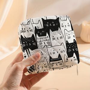 TEMU 1개, 만화 고양이 패턴, 퀼팅 휴대용 대용량 생리대 파우치, 사탕 & 장신구 보관 가방, 여성 패션 액세서리용 경량 다기능 폴리에스터 가방