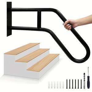 TEMU 1개 무광 블랙 U자형 메탈 난간, 실외 계단용, 벽걸이형 안전 난간, 플레이트 두께의 모던 현관 난간, 설치 하드웨어 포함