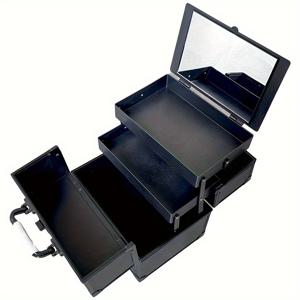 TEMU 빈티지 알루미늄 합금 화장품 정리함 대형 거울 포함 - 2단 접이식 메이크업 보관 상자, 블랙 & 핑크, 네일 폴리쉬, 립스틱, 아이섀도우, 눈썹 연필 수납 가능 - 휴대용 여행 디자인, 가정 및 전문가용|눈썹펜슬