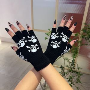 TEMU 할로윈 두개골 반지갑 장갑 - 아크릴 니트 원단 따뜻한 사이클링 야외 벙어리 장갑, 손세척만 가능 - 가을/겨울 컬렉션