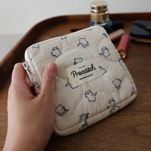 TEMU 휴대용 생리대 파우치, 귀여운 사각형 생리대 보관 가방, 손으로 그린 만화 고양이 디자인