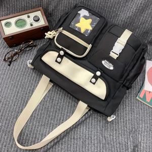 TEMU 빈티지 감성 토트백 - 다수의 포켓, 스타 참 장식 및 지퍼 클로저가 있는 스타일리시 여성 숄더 & 핸드백 - 블랙 & 크림 옵션, 캐주얼 | 매력적인 액세서리 | 내구성 있는 패브릭 가방