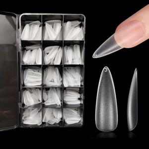 TEMU 롱 코핀 젤 네일 폴리쉬 세트, 600개 롱 포인트 패션 풀 매트 젤 네일 키트, 풀 커버리지 투명 아크릴 네일 팁, 프리쉐이프드 및 에칭 코핀 프레스온 네일, 네일 연장 DIY용, 15가지 사이즈