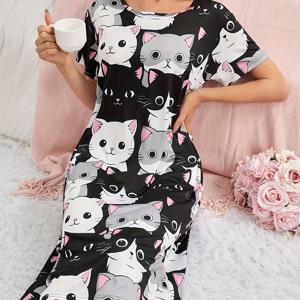 TEMU 캐주얼 귀여운 고양이 프린트 여성용 반팔 라운드 넥 스트레치 수면복 가운