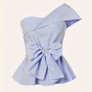 TEMU 프린트 리본 프론트 플레어 블라우스, 우아한 비대칭 어깨 민소매 블라우스, 봄 & 여름용 여성 의류