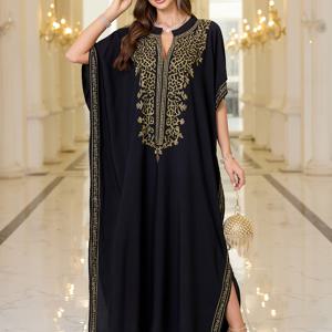 TEMU 라마단 자수 민족 카프탄 드레스 배트 소매 사이드 슬릿 우아한 대형 사이즈 리조트 로브 커버업 캐주얼 편안한 비키니 비치 커버업 Q1758