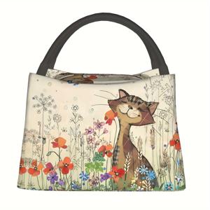 TEMU 1개 꽃과 고양이 패턴 휴대용 재사용 쿨러 백, 보온 도시락 가방, 캠핑 피크닉 해변 필수품, 가정, 레스토랑, 사무실, 하이킹 및 야외 활동에 적합, 친구, 파트너 및 가족을 위한 최고의 선물, 할로윈 및 크리스마스 선물, 11x6.3x6.7인치