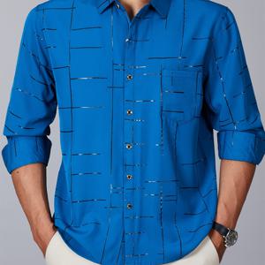 TEMU 남성용 캐주얼 긴팔 셔츠, 기하학 패턴 | 봄/가을 시즌, 신축성 없는 원단, 싱글 브레스트 플라켓, 라펠 칼라