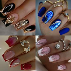 TEMU 블랙, 블루, 레드, 핑크, 그리고 다양한 색상의 96개 프레스온 인조 손톱 세트. 중간 길이의 유럽 스타일 사각 네일 팁이 들어있는 탈착식 상자에 포장되어 있습니다.