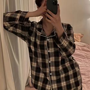 TEMU 여성용 일본 스타일 캐주얼 잠옷, 가볍고 편안한 카디건이 포함된 봄/여름용 체크 무늬 투피스 세트|파자마