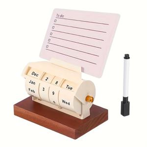 TEMU 목재 데스크탑 휠 캘린더, 회전식 데스크탑 캘린더, 창의적인 오피스 장식 고체 목재 장식품, 영구 캘린더
