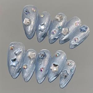 TEMU 10개입 핸드메이드 블루 스파클링 라인스톤 네일팁 - 아몬드형 미디엄 길이 프레스 네일 & 라인스톤, 한국 스타일, 데일리웨어, 파티, 웨딩, 프롬에 적합 - 핸드 & 풋 네일 아트
