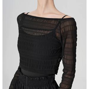 TEMU 여성용 미스트 반투명 발레 연습용 탑, 성인용 시스루 소매 댄스웨어, 에어컨 실내용 숏 플리츠 긴소매 탑, 캐미솔 또는 레오타드와 레이어링 가능한 가벼운 아우터웨어|반팔니트|라인댄스복|댄스복