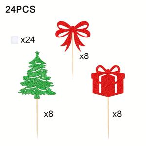 TEMU 크리스마스 생일 케이크 토퍼 24개, 크리스마스 트리, 선물, 리본 포함 장식, 메리 크리스마스, 해피 뉴 이어 케이크 장식, 크리스마스 이브 및 크리스마스 파티 용품을 위한 선택된 대나무 스파클링 케이크 장식