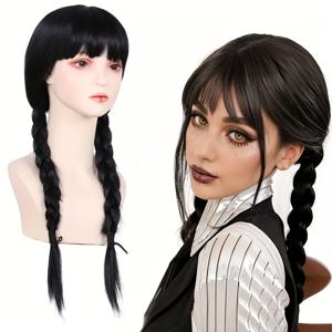 TEMU 24인치 블랙 더블 브레이드 포니테일 가발 - 부드럽고 매끄러운 합성 섬유, 앞머리 포함, 탄성 네트 캡, 코스프레, 할로윈, 마스커레이드에 적합 - 고품질 딥 블랙 합성 가발