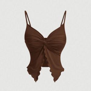 TEMU 여성용 우아한 딥 버건디 홀터넥 민소매 탑 - 비대칭 스파게티 스트랩 블라우스, 크로스백 디자인, 주름 방지 & 세탁기 사용 가능, 솔리드 컬러 파티 & 데일리 블라우스, 봄/여름/가을용, 딥 레드에서 버건디 톤, 시크하고 세련된 여성 패션 탑, 셔링 디테일, 중간 수준의 신축성 있는 원단, 다용도 단색 디자인