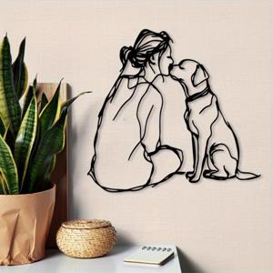 TEMU 2D 플랫, 여자와 강아지 라인 아트 금속 벽 장식 - & 래브라도 리트리버 일러스트, 파우더 코팅 철제 수직 걸이 패널, 반려동물 친화적인 거실, 사무실용 - 강아지 애호가를 위한 연중 선물 (크리스마스)