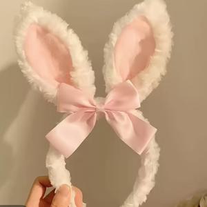 TEMU 레이스와 토끼 귀가 달린 핑크 플러시 헤어밴드, 메이크업 및 세안에 완벽하며 얼굴을 더 작게 보이게 함