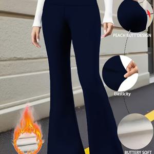 TEMU 가을 겨울 핫 스타일 하이웨이스트 기모 안감 두꺼운 플레어 팬츠 - 여성용 복부 집어넣기 및 힙업, 드레이핑 탄성, 패셔너블하고 캐주얼한 다용도, 누드 통기성, 피부 친화적이고 부드러운 스타일