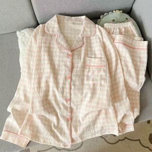 TEMU 여성용 가을 파자마, 핑크 체크무늬 긴팔 긴바지, 달콤하고 귀여운 아웃도어웨어용 2피스 라운지웨어 세트, 봄가을여름용 가벼운 에어컨 옷