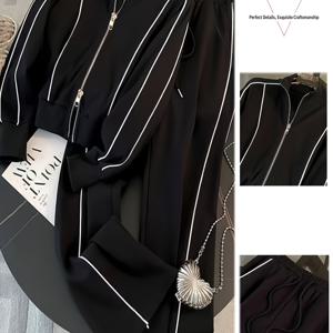 TEMU 2pcs 세트 | 여성용 블랙 하이넥 지퍼 후드티 & 플레어 레그 팬츠 | 2026년 봄/가을 캐주얼 패션