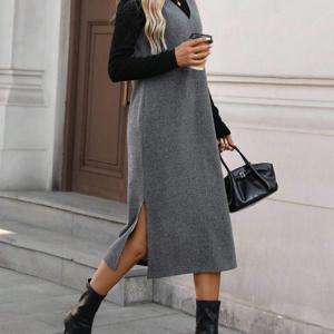 TEMU 우아한 민소매 V넥 A라인 드레스 - 단색 슬릿 겨울 드레스, 사무실, 비즈니스 및 일상복에 적합, 세탁기 사용 가능한 레이어링 드레스|나시원피스|민소매원피스