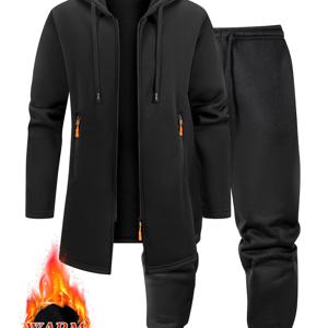 TEMU 1 세트 패션 남성 캐주얼 후드 드로스트링 재킷 및 드로스트링 팬츠 | 단색, 긴소매, 지퍼형 앞면, 옆 포켓, , 출퇴근, 휴가 및 여행에 적합