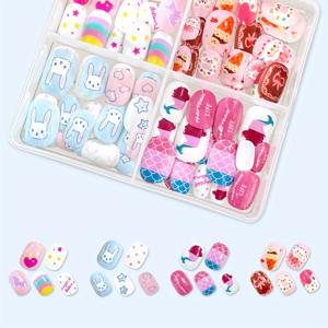 TEMU 96개입 네일 웨어 (3-12세), 인조 네일 팁, 인어, 토끼, 귀여운 리본, 과일, 꽃, 하트 모양 만화 인조 네일 - 혼합 색상, 핑크, 짧은 네일, 광택 표면, 네일 아트 장식, 바다 동물 장식
