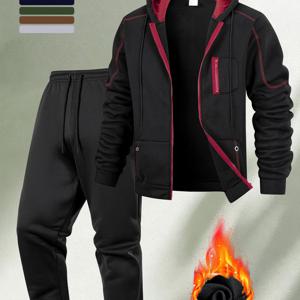 TEMU 남성 캐주얼 세트, 후드 자켓과 팬츠 콤보, 트렌디한 보온 아웃핏, 즉각적인 스포츠웨어 전환, 솔리드 컬러 디자인, 아침 출근, 주말 쇼핑, 카페 모임에 스타일리시, 업무, 스포츠, 파티, 휴식에 적합