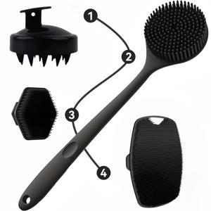 TEMU 새로운 4종 실리콘 목욕 브러쉬 세트, 두피 마사지 브러쉬, 롱핸들 목욕 브러쉬, 페이셜 클렌징 브러쉬, 바디 스크럽 브러쉬 포함