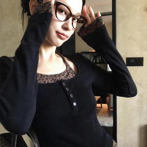 TEMU 여성용 U넥 홀터넥 긴팔 티셔츠, 아메리칸 핫티 스타일, 프린트 패치워크 버튼 디자인, 봄/가을 패션, 캐주얼 다용도 슬림핏 크롭탑