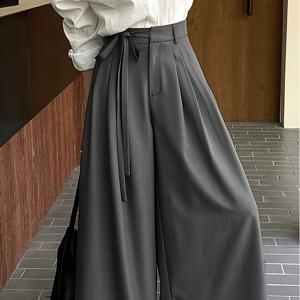 TEMU 우아한 하이웨이스트 단색 와이드 레그 팬츠 | 레이스업 허리, 사이드 포켓, 사계절 내내 편안하고 캐주얼 및 포멀한 모든 행사에 적합