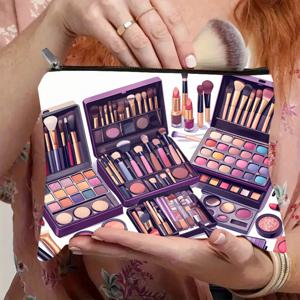 TEMU 1개 메이크업 파우치, 메이크업 팔레트, 브러쉬, 립스틱, 아이섀도우, 파운데이션, 블러셔, 루스 파우더 패턴. 가볍고 접이식, 지퍼형 메이크업 파우치, 세탁 가능, 휴대용 보관 | 우아한 액세서리 | 지퍼 잠금, 소형 메이크업 파우치