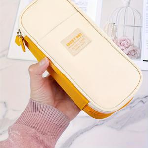 TEMU 컬러 블록 이중 레이어 캔버스 필통 문구 상자 1개