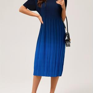 TEMU 여름을 위한 우아한 H-스타일 플리츠 튜닉 드레스, 고 гиб성 폴리에스테르, 크루 넥, 반팔, 미디 길이, 직선한 밑단, 오므라 패턴, 풀오버 플랙, 니트 소재, 벨트 없음