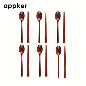 TEMU 12개 고품질 나무 스푼 및 젓가락 세트 – 긴 손잡이 식기 – 재사용 가능한 플래트웨어 조합 (아시아 요리용) – 가정 및 레스토랑에 적합한 식기류 – 수프 스푼 및 젓가락 포함 – 튼튼한 주방 필수품