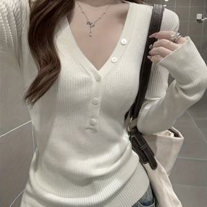 TEMU V넥, 버튼 디테일, 신축성 있는 핏감으로 몸매를 강조하는 여성용 봄 캐주얼 탑, 활용도 높은 단색 긴팔 셔츠|블라우스|셔츠|옷