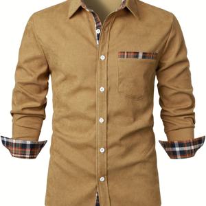 TEMU 남성용 레드 체크 코듀로이 캐주얼 긴팔 셔츠