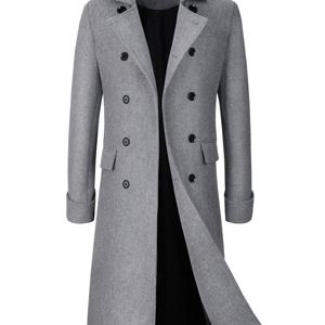 TEMU Men's Classic Design Warm Trench Coat with Notched Lapel, Double-Breasted, Long Length, Casual Tweed Overcoat