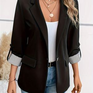 TEMU 여성용 우아한 라이트 싱글 버튼 , 라펠 칼라 & 커프 디테일 - 7부 소매, 봄/가을 패션 재킷