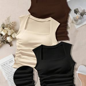 TEMU 여성용 슬림핏 스퀘어넥 패션 하이스트레치 탱크탑 3종 세트