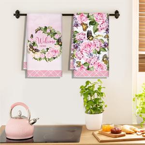 TEMU 핑크 장미와 나비가 있는 팜하우스 주방 타월 2개 - 초소프트 마이크로화이버 천, 식기 건조, 결혼식, 집들이 선물용 - 러스틱 장식용 욕실 & 팜 데코, 고흡수력, 세탁기 사용 가능