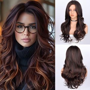 TEMU 28인치 260g 고온 섬유 가발 - 오므브레 딥 브라운 컬리 웨이브 헤어, 150% 밀도, 앞머리 없는 중앙 가르마 & 로즈 네트 캡, 내열성 롱 컬리 가발, 휴가, 파티, 결혼식, 사진 촬영용