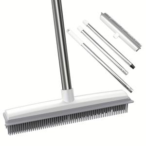 TEMU 이 2-In-1 애완동물 털 제거 실리콘 빗자루는 손잡이가 달려 있어 카펫, 나무 바닥, 타일 등에서 고양이 및 강아지 털을 쉽게 제거할 수 있습니다! 가정, 식당 및 애완동물 주인들을 위한 내구성이 뛰어나고 재사용 가능한 청소 도구입니다.