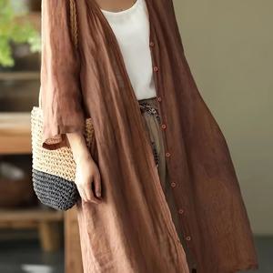 TEMU 플러스 사이즈 여성용 가벼운 반투명 오버사이즈 A라인 카디건 - 캐주얼 버튼 프론트 디자인, 세탁기 사용 가능 봄/여름 레이어링 필수 아이템, 여름 레이어링 피스, 플로우 디자인, 장식 버튼