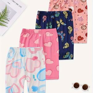 TEMU 여아 레깅스 4팩, 여름 중~대형 여아용 컬러풀 하트 나비 도넛 패턴 5부 레깅스, 탄성 허리 밴드, 다용도 기본 스타일, 야외 여아 캐주얼 스포츠 바지, 노출 방지, 슬림핏 및 경량