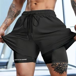 TEMU 남성용 캐주얼 스포츠 반바지 2-in-1 룩 여름용 속건성 스트레치 3/4 트레이닝 피트니스 라이너 비침 방지 통기성 편안한 러닝 운동 바지