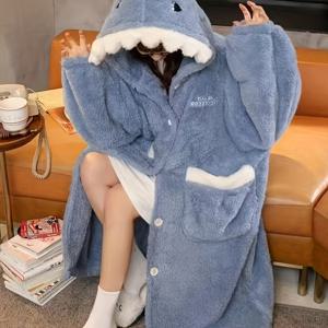 TEMU 귀여운 카툰 상어 여성 겨울용 따뜻한 홈웨어 나이트가운